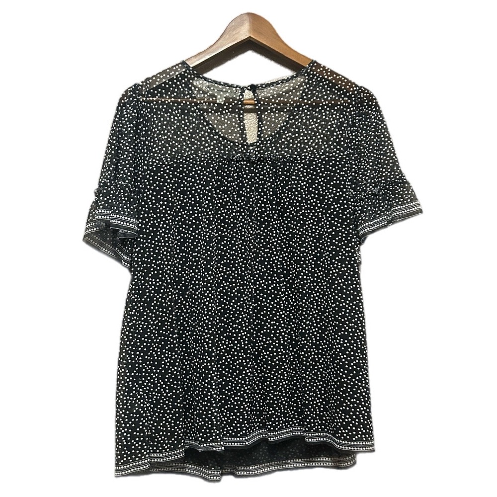 Max Studio Polka Dot Mesh Ruffle Blouse Womens Large Black Excellent Sheer Top